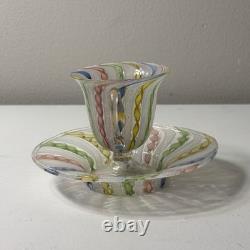 Vintage Murano White Latticino Multi Color Gold Ribbon Art Glass Teacup Saucer