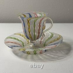 Vintage Murano White Latticino Multi Color Gold Ribbon Art Glass Teacup Saucer