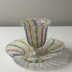 Vintage Murano White Latticino Multi Color Gold Ribbon Art Glass Teacup Saucer