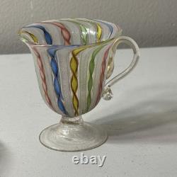 Vintage Murano White Latticino Multi Color Gold Ribbon Art Glass Teacup Saucer