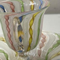 Vintage Murano White Latticino Multi Color Gold Ribbon Art Glass Teacup Saucer