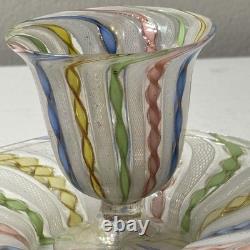 Vintage Murano White Latticino Multi Color Gold Ribbon Art Glass Teacup Saucer