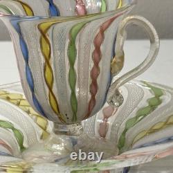 Vintage Murano White Latticino Multi Color Gold Ribbon Art Glass Teacup Saucer