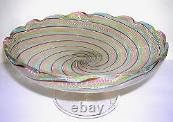 Vintage Murano Zanfirico Latticino Pink Yellow Aqua & Clear Compote 8 D