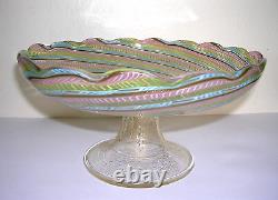 Vintage Murano Zanfirico Latticino Pink Yellow Aqua & Clear Compote 8 D