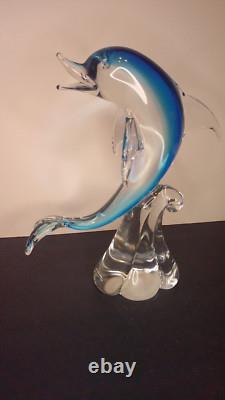 Vintage Murano art glass large sculpture blue dolphin on clear wave 12 high
