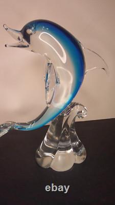 Vintage Murano art glass large sculpture blue dolphin on clear wave 12 high