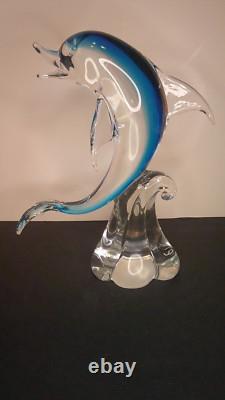 Vintage Murano art glass large sculpture blue dolphin on clear wave 12 high