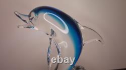 Vintage Murano art glass large sculpture blue dolphin on clear wave 12 high