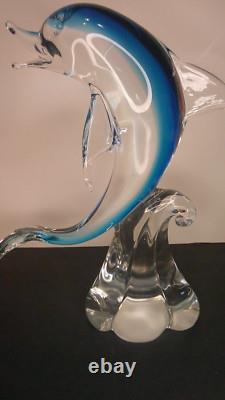 Vintage Murano art glass large sculpture blue dolphin on clear wave 12 high