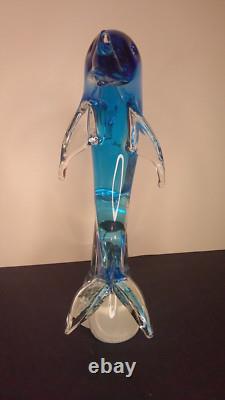 Vintage Murano art glass large sculpture blue dolphin on clear wave 12 high