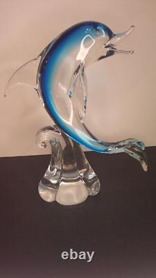 Vintage Murano art glass large sculpture blue dolphin on clear wave 12 high