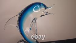 Vintage Murano art glass large sculpture blue dolphin on clear wave 12 high