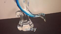 Vintage Murano art glass large sculpture blue dolphin on clear wave 12 high