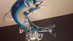 Vintage Murano art glass large sculpture blue dolphin on clear wave 12 high