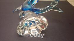 Vintage Murano art glass large sculpture blue dolphin on clear wave 12 high