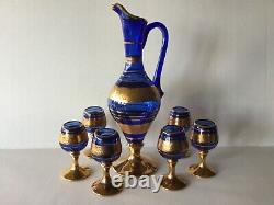 Vintage Murano glass Pitcher and six Liquor goblets Cobalt Blue 24K Gold Design