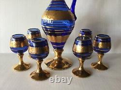 Vintage Murano glass Pitcher and six Liquor goblets Cobalt Blue 24K Gold Design