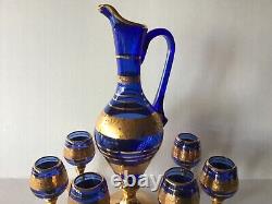 Vintage Murano glass Pitcher and six Liquor goblets Cobalt Blue 24K Gold Design