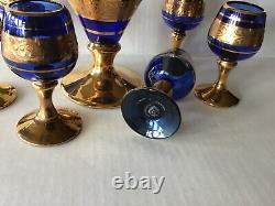 Vintage Murano glass Pitcher and six Liquor goblets Cobalt Blue 24K Gold Design