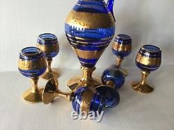 Vintage Murano glass Pitcher and six Liquor goblets Cobalt Blue 24K Gold Design