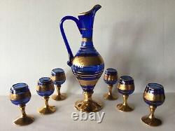 Vintage Murano glass Pitcher and six Liquor goblets Cobalt Blue 24K Gold Design