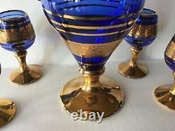 Vintage Murano glass Pitcher and six Liquor goblets Cobalt Blue 24K Gold Design