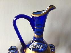 Vintage Murano glass Pitcher and six Liquor goblets Cobalt Blue 24K Gold Design