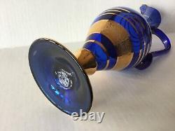 Vintage Murano glass Pitcher and six Liquor goblets Cobalt Blue 24K Gold Design