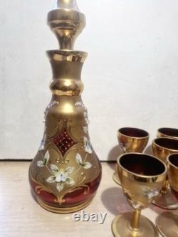 Vintage Murano glass decanter & matching Set Of 6 glasses, Unused, Hand Painted