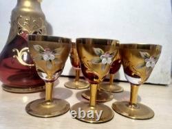Vintage Murano glass decanter & matching Set Of 6 glasses, Unused, Hand Painted