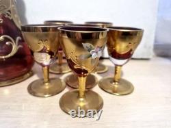 Vintage Murano glass decanter & matching Set Of 6 glasses, Unused, Hand Painted
