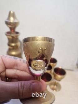 Vintage Murano glass decanter & matching Set Of 6 glasses, Unused, Hand Painted