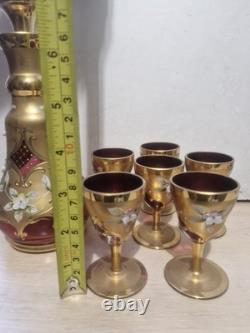Vintage Murano glass decanter & matching Set Of 6 glasses, Unused, Hand Painted