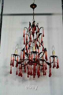 Vintage Murano red glass drops mid century 1970 Chandelier lamp