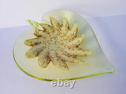 Vintage Murano uranium glass heart shaped bowl with cream center and avventurina