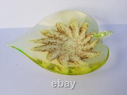 Vintage Murano uranium glass heart shaped bowl with cream center and avventurina