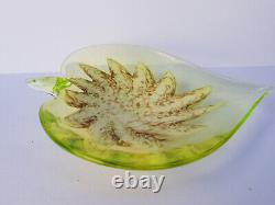 Vintage Murano uranium glass heart shaped bowl with cream center and avventurina