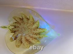 Vintage Murano uranium glass heart shaped bowl with cream center and avventurina