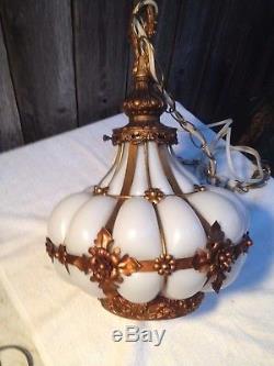 Vintage Ornate Hanging Lamp Light Milk Glass Metal Caged Murano