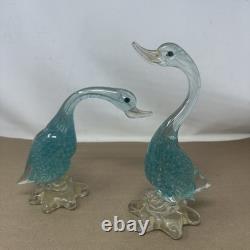 Vintage PAIR Of Hand Blown Green Art Glass Duck Italy Italian Murano Glass