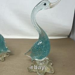 Vintage PAIR Of Hand Blown Green Art Glass Duck Italy Italian Murano Glass
