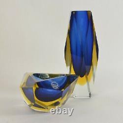Vintage PICONE MURANO Sommerso Faceted Blue Yellow Italian Glass VASE & BOWL Set