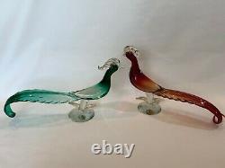 Vintage Pair Barbini Italian Murano Art Glass Red & Green Pheasant Birds, 17 L