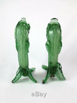 Vintage Pair Green Murano Italian Glass Fish Candlesticks Bud Vases Salviati