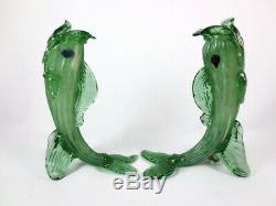 Vintage Pair Green Murano Italian Glass Fish Candlesticks Bud Vases Salviati
