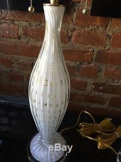 Vintage Pair Italian Murano Venetian Glass Table Lamp Bubbles White/Gold Barbini