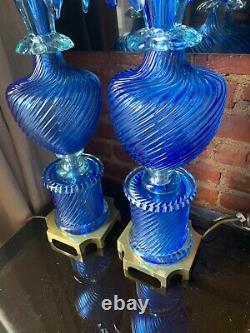 Vintage Pair Marbro Murano Blue Art Glass Lamps Barovier & Toso Italian Venetian