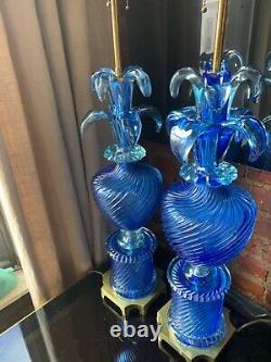 Vintage Pair Marbro Murano Blue Art Glass Lamps Barovier & Toso Italian Venetian