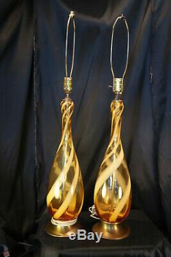 Vintage Pair Mid Century Murano Amber Swirl Glass Italian Table Lamps